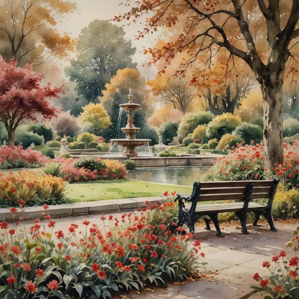 Elegant English Park in Autumn, Watercolor Style