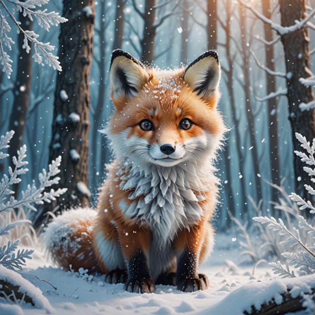 Fluffy Fox Cub in Winter Wonderland