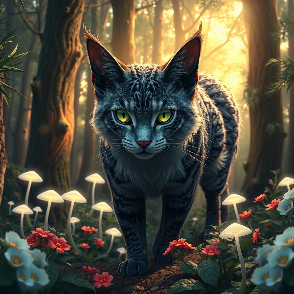 Majestic Cat Emerges from Mystical Forest: Anime Art