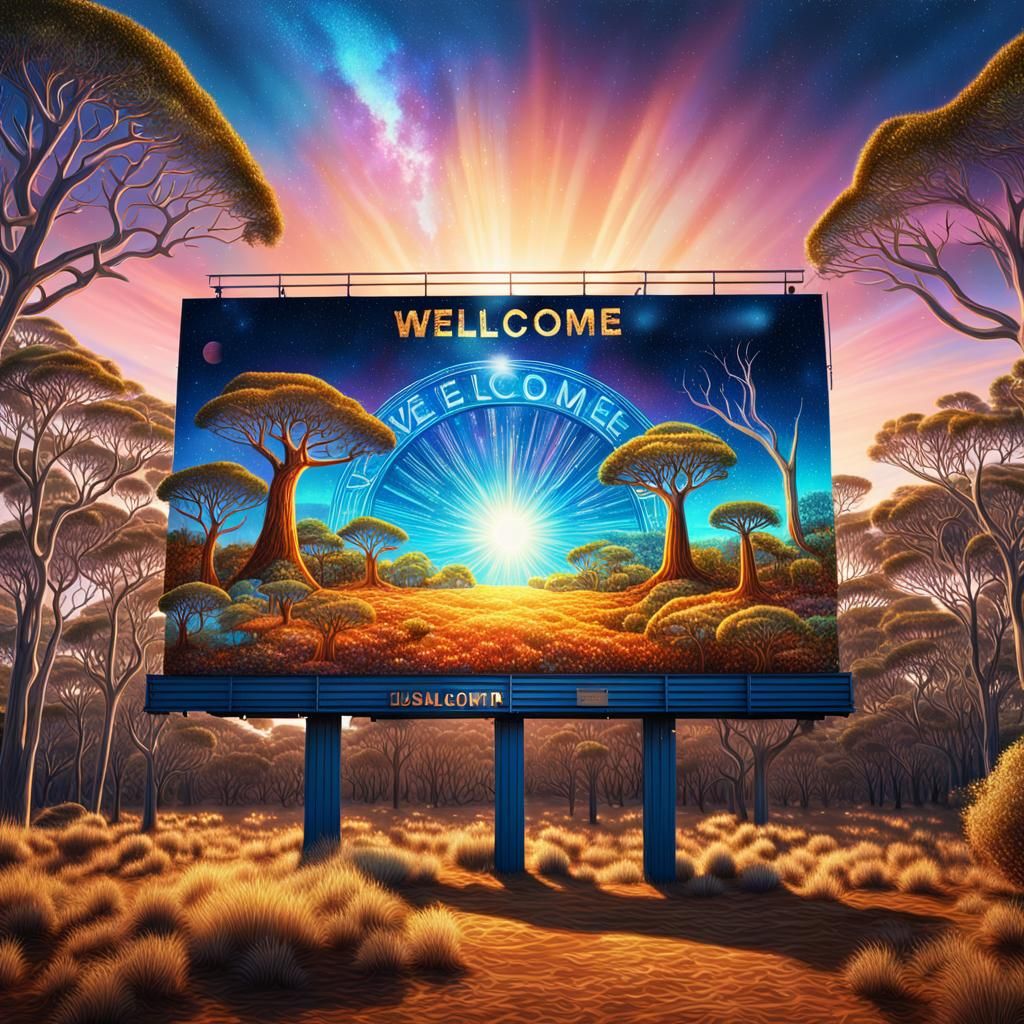 Cosmic Billboard in Australian Bushland: Mixed Media Art