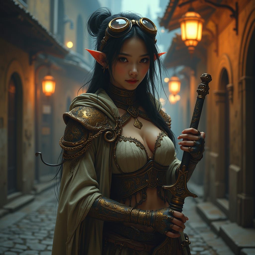 Elf Warrior with Energy Sword in Steampunk Style