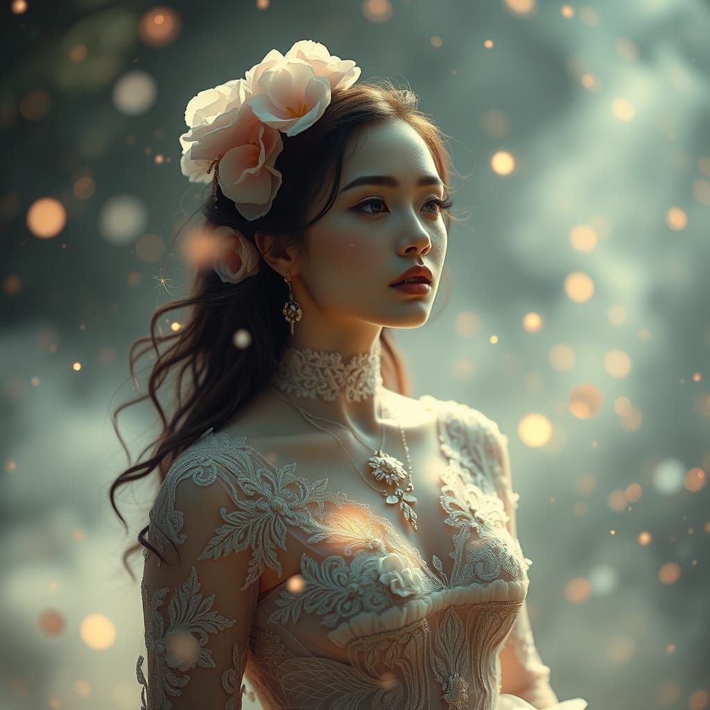 A cinematic shot of a delicate flower crafted from swirling ...