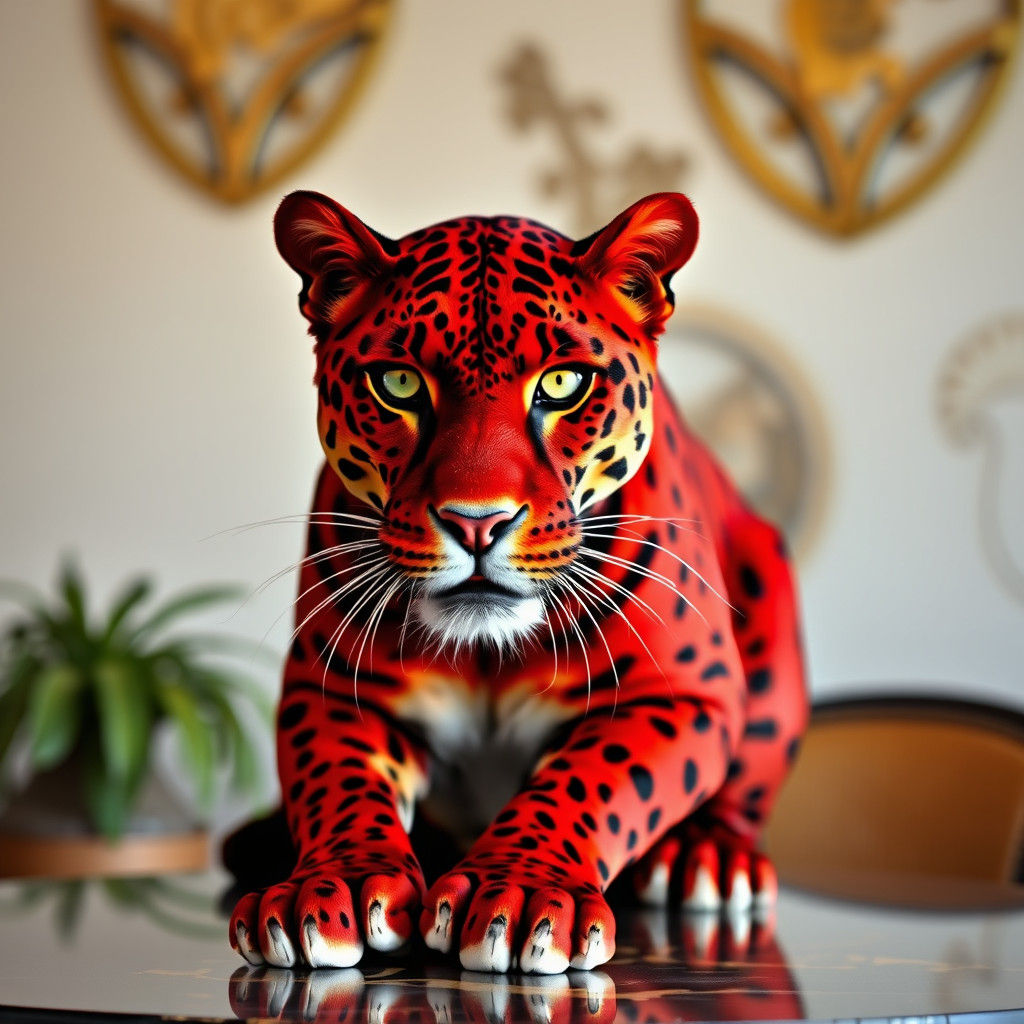 A large bright red panther , sitting on a table