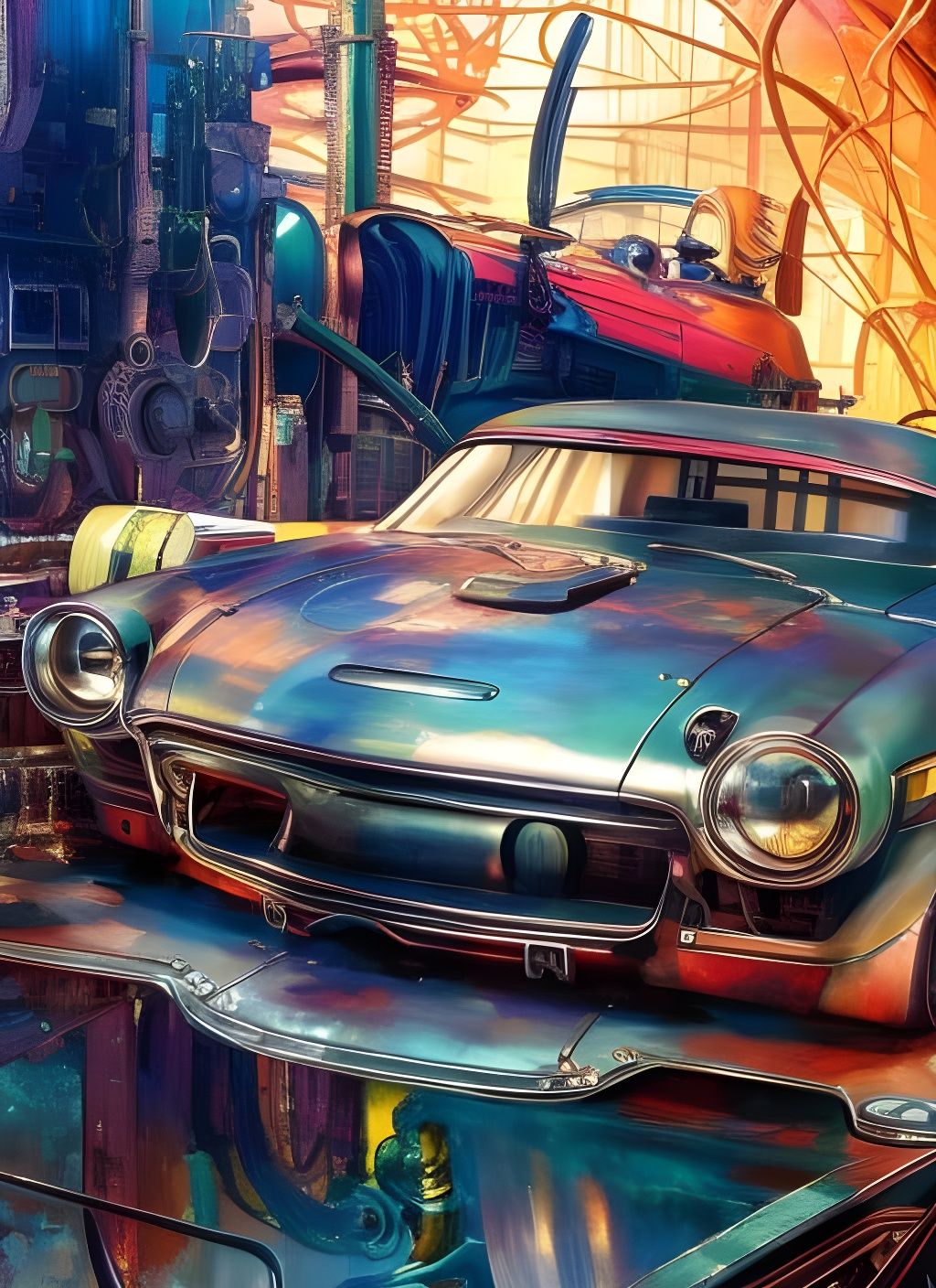 Vintage Car in Cyberpunk Lab: Digital Gouache Illustration