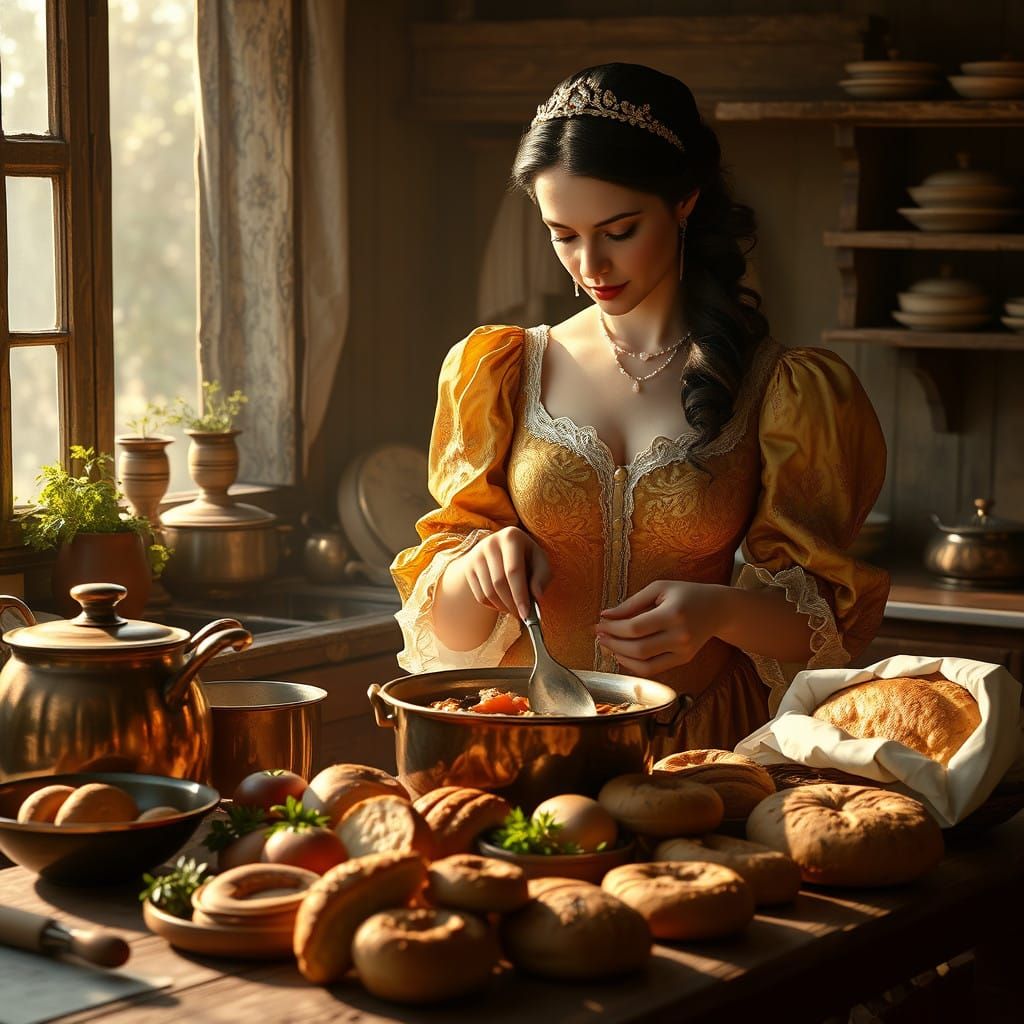 Woman in 19th-Century Kitchen, Cooking with Victorian Elegan...