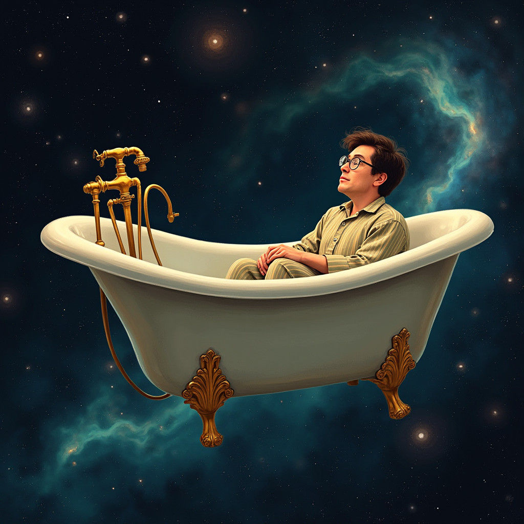 Man in Bathtub Soaring Through Space in Digital Art