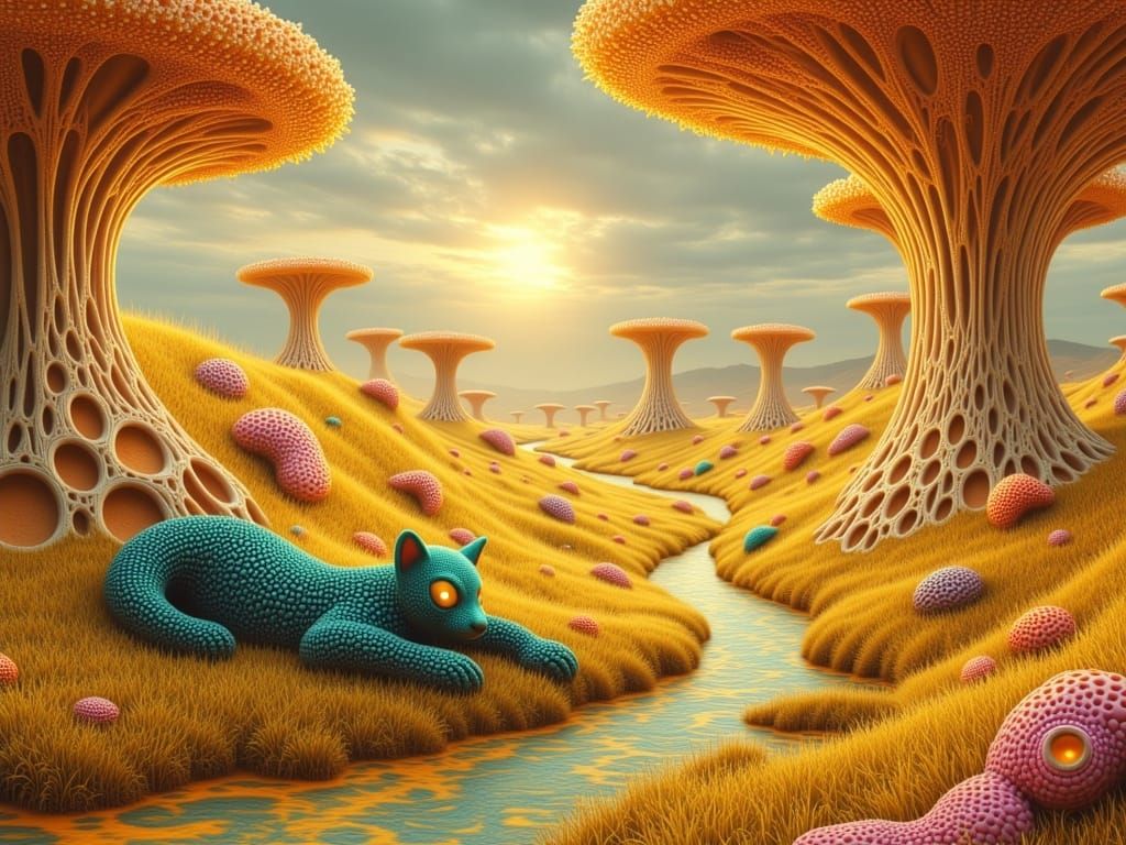 Surreal Alien Feline in Dreamlike Meadow with Radiant Sun