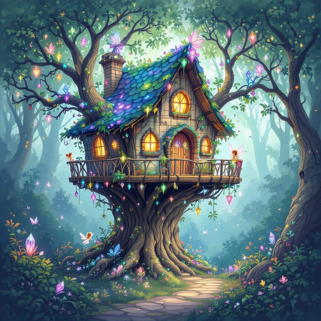 Enchanted Forest Treehouse with Bioluminescent Flora