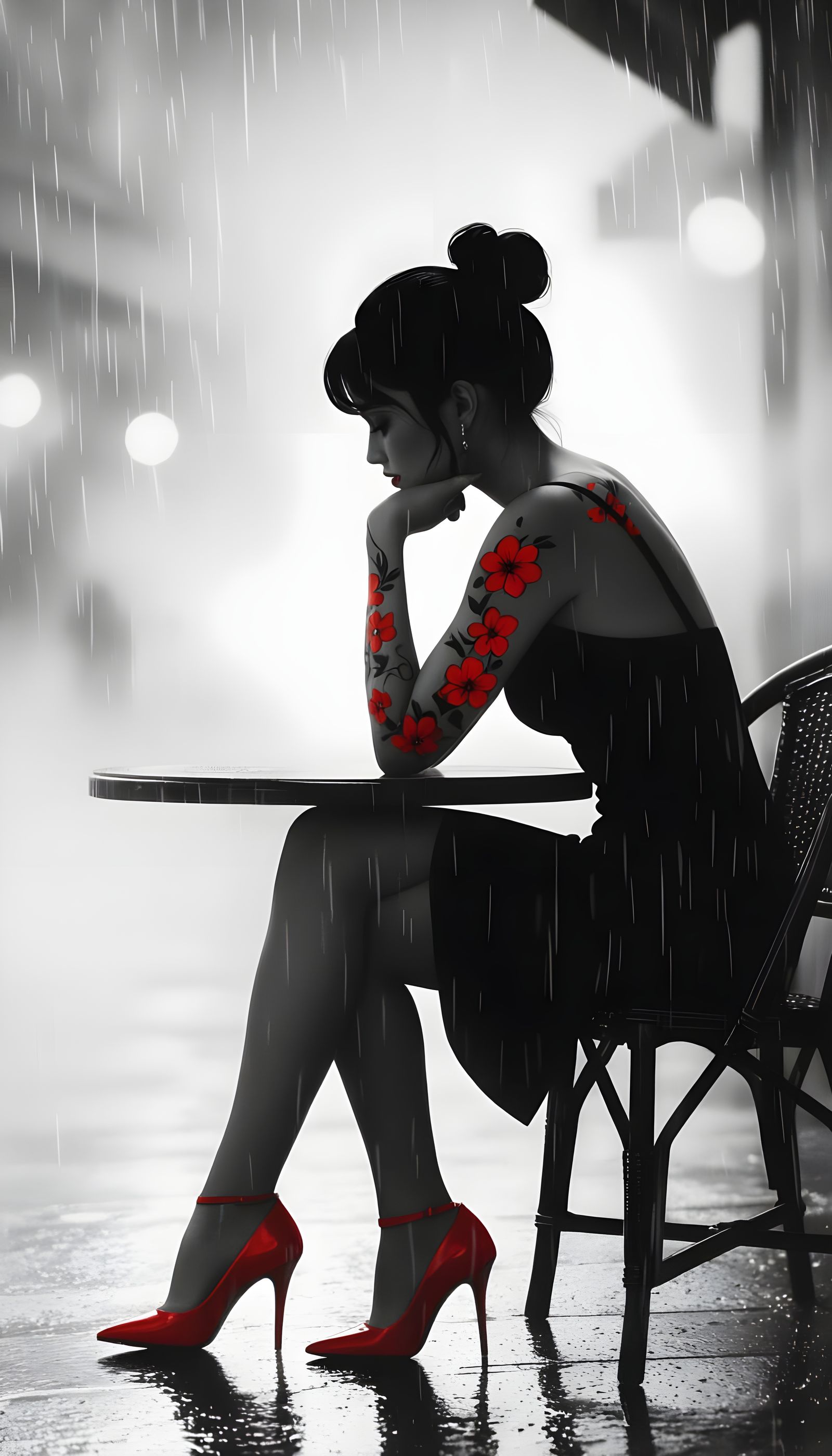 Woman Searching in Rainy Cafe Silhouette
