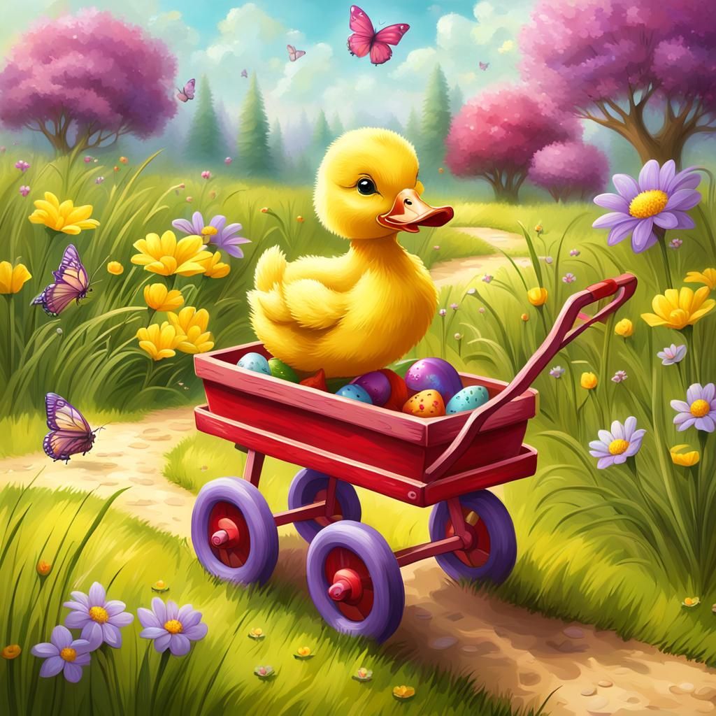 Duckling Pulling Easter Egg Wagon: Fantasy Art