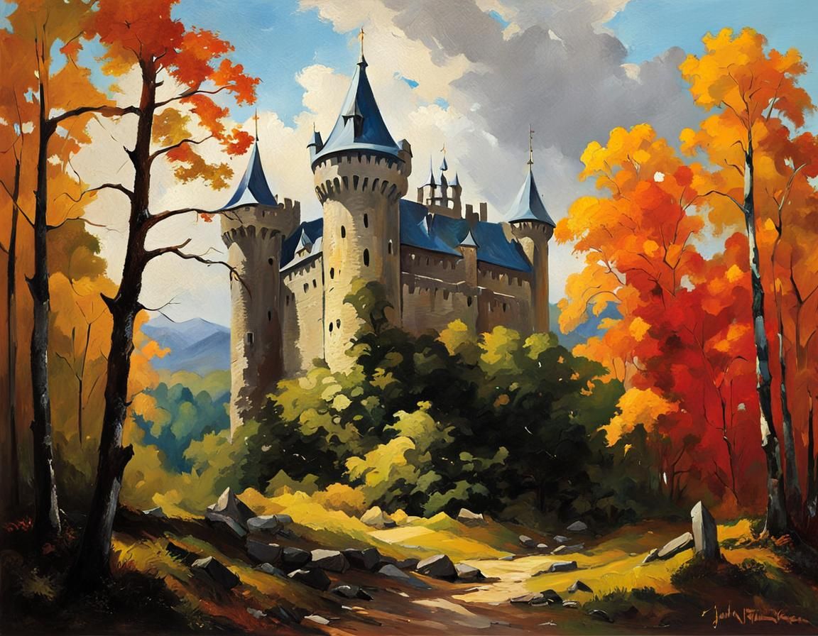 Medieval Castle in Forest, Oil Painting Style