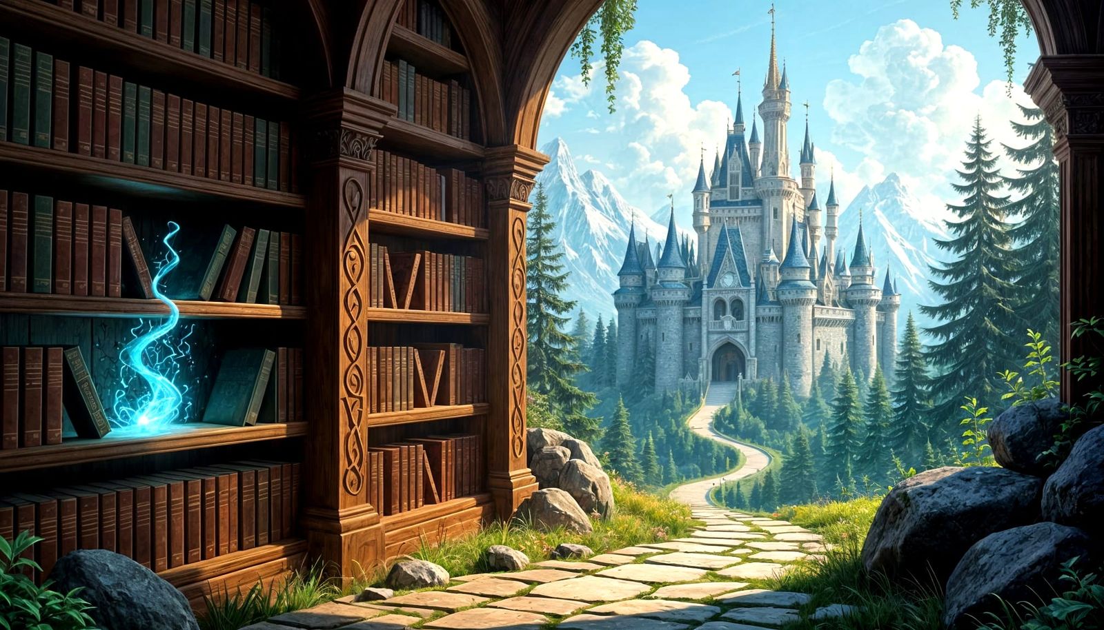Magical Bookshelf Portal to Fairy-Tale Forest