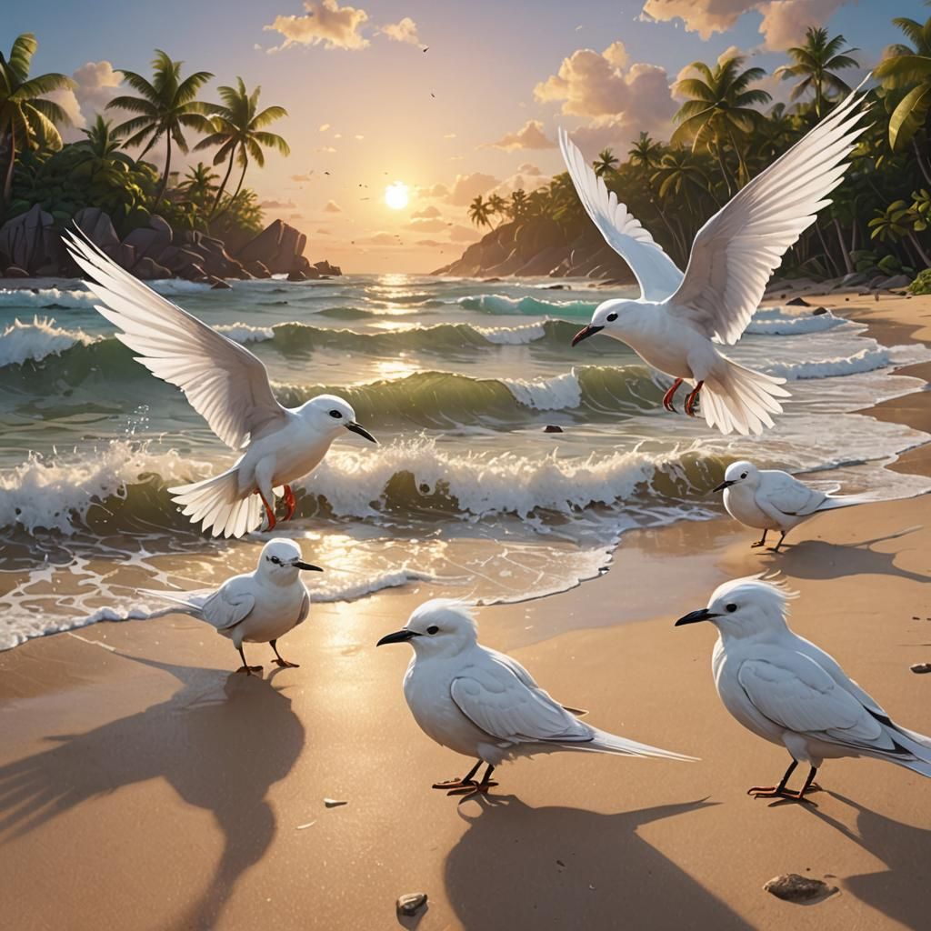 White Terns Alight on Tropical Beach at Sunset