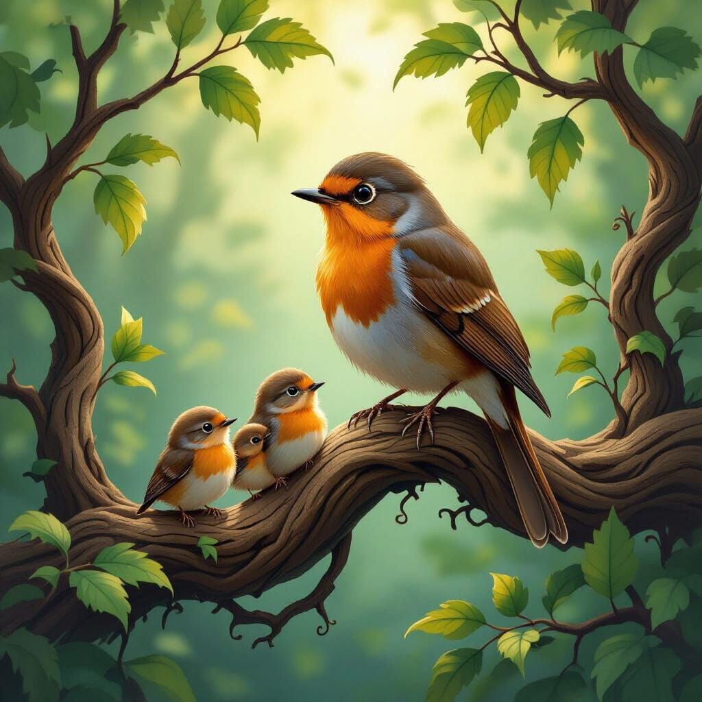 Robin Family in Mystical Forest, Airbrush Acrylic Style