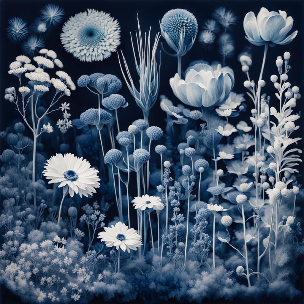 Cyanotype Flower Explosion: Ethereal Botanical Landscape
