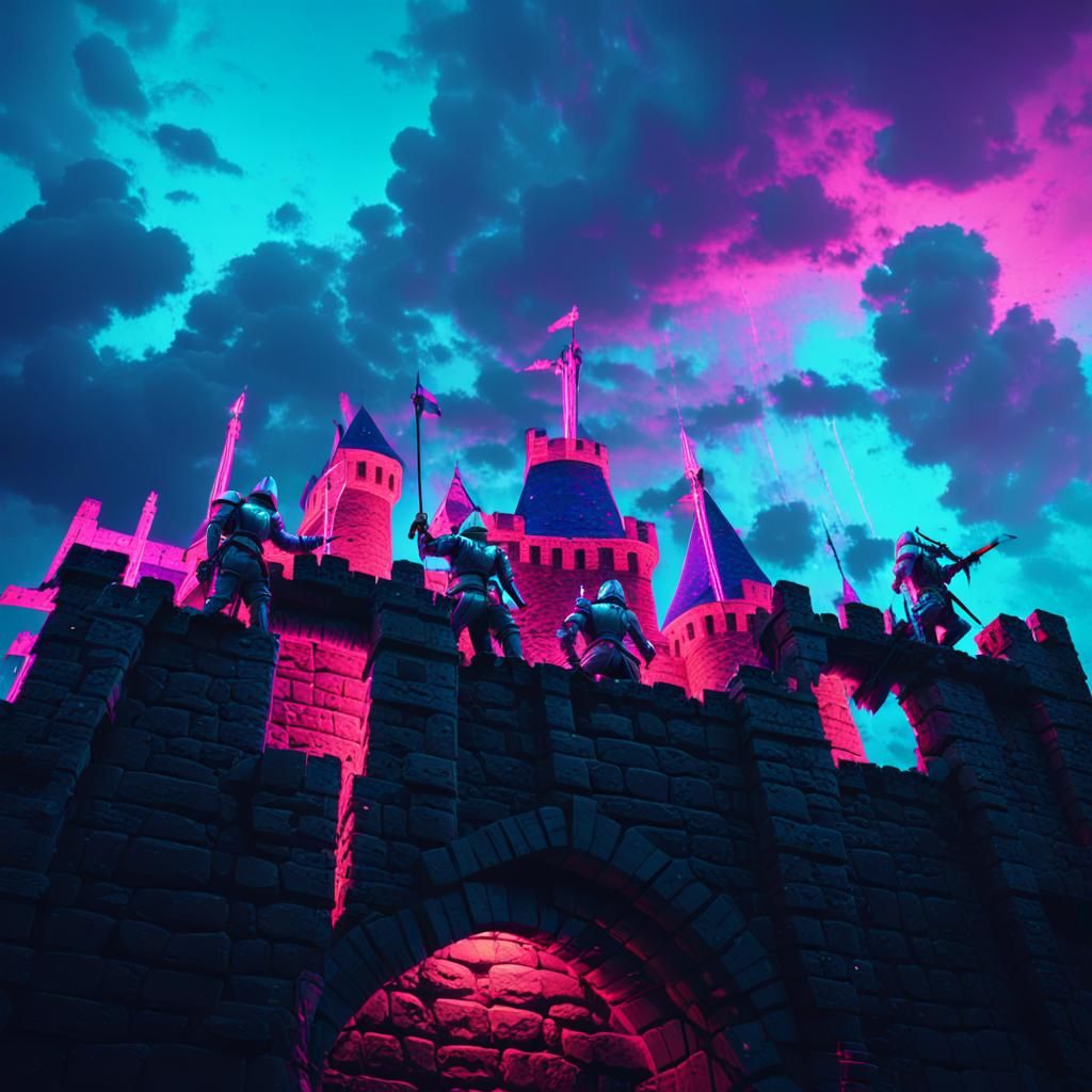 Synthwave Knights Assault Castle in Neon Lights