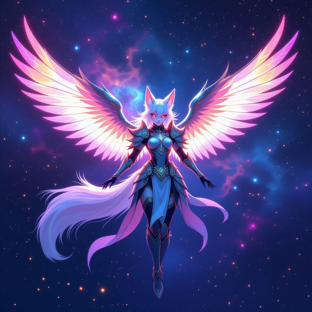 Celestial Kitsune Soaring Through Nebula in Cel-Shaded Style