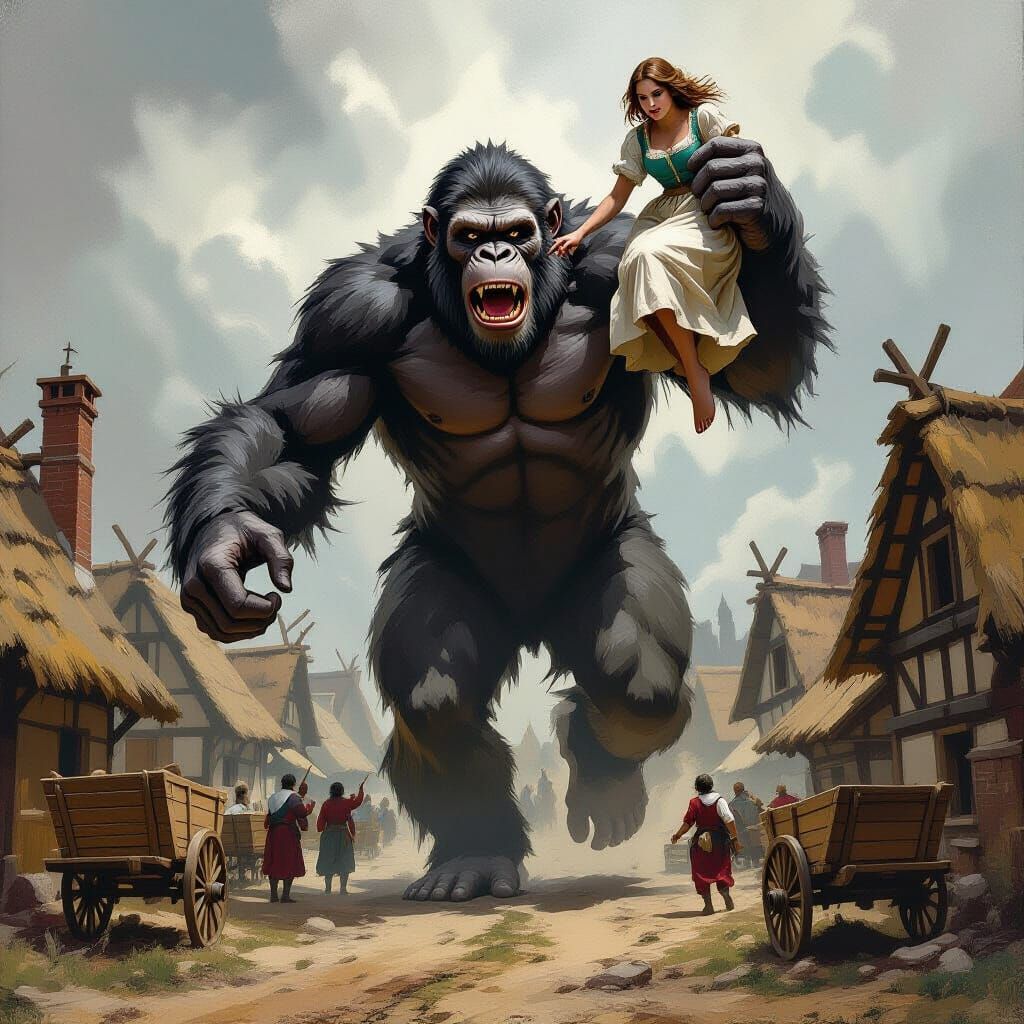 Giant Chimp Rampages Medieval Village in Dramatic Style