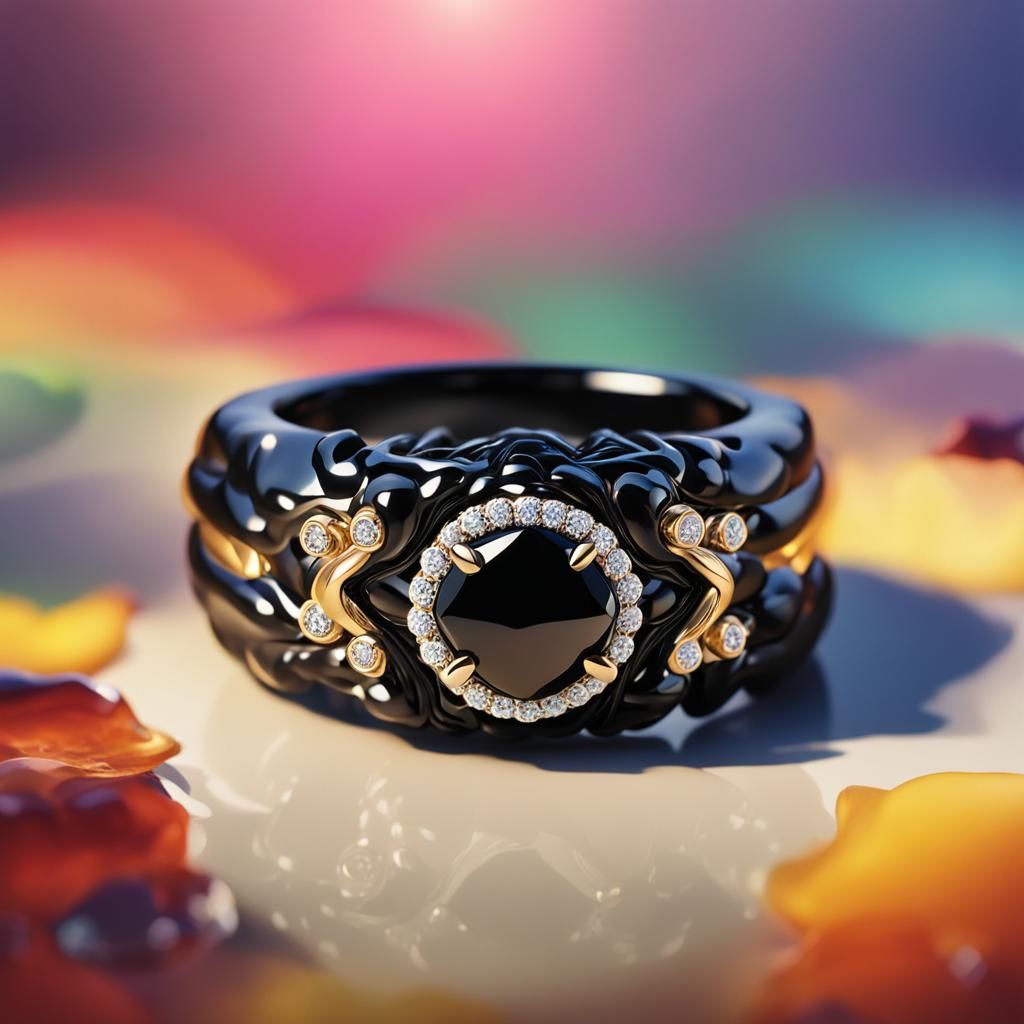 Black Onyx Ring with Diamonds: Hyperrealistic Rendering