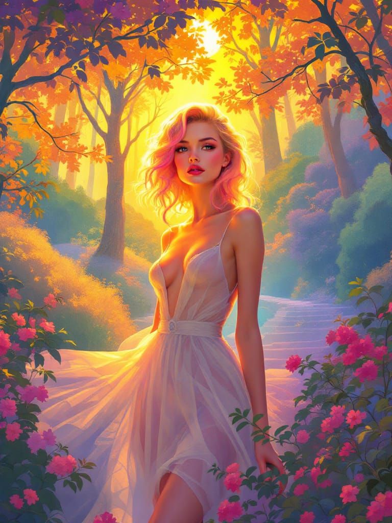 Ethereal Blond Pin-Up Bathed in Golden Light