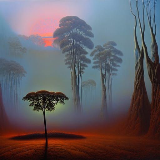 Surreal Forest Landscape in Haunting Oil Painting Style
