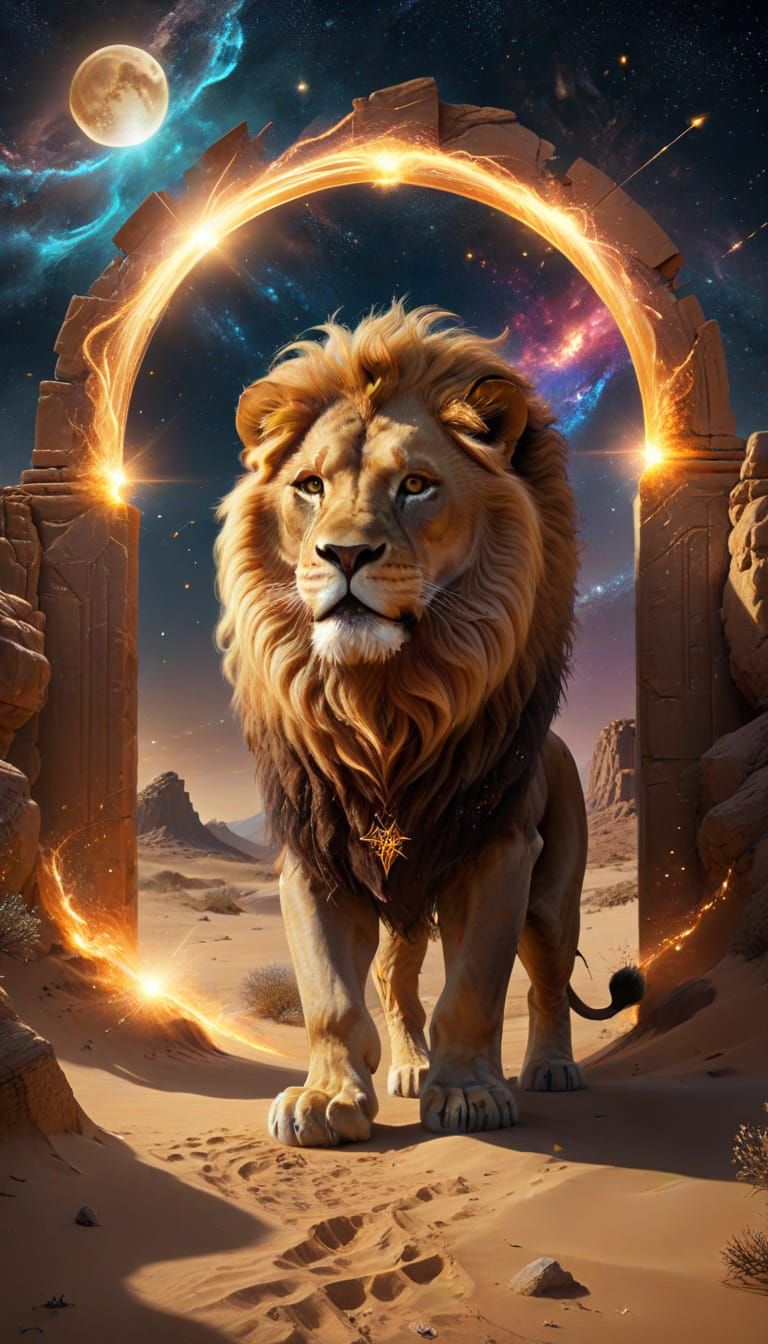 Golden Lion Roaring Through Galactic Portal: Digital Paintin...