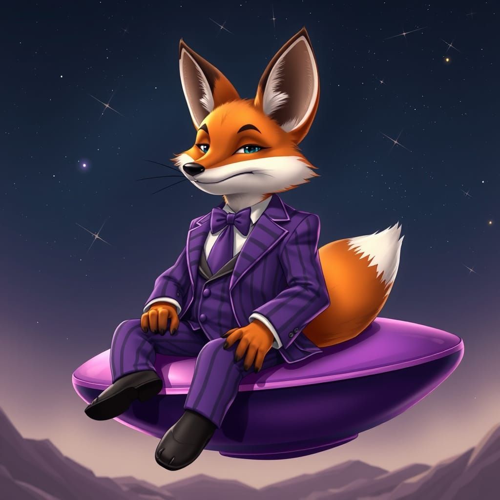 Cartoon Fox in Purple Suit on Flying Saucer
