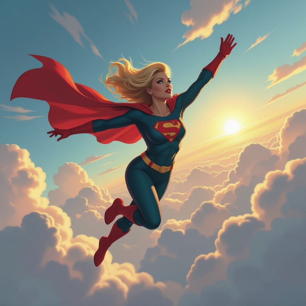 Heroine Soaring Through Clouds in Comic Book Style