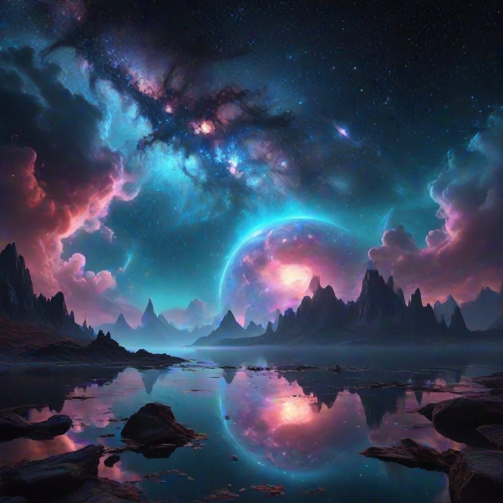 Nebulae and Galaxies Reflected in Blue Lake