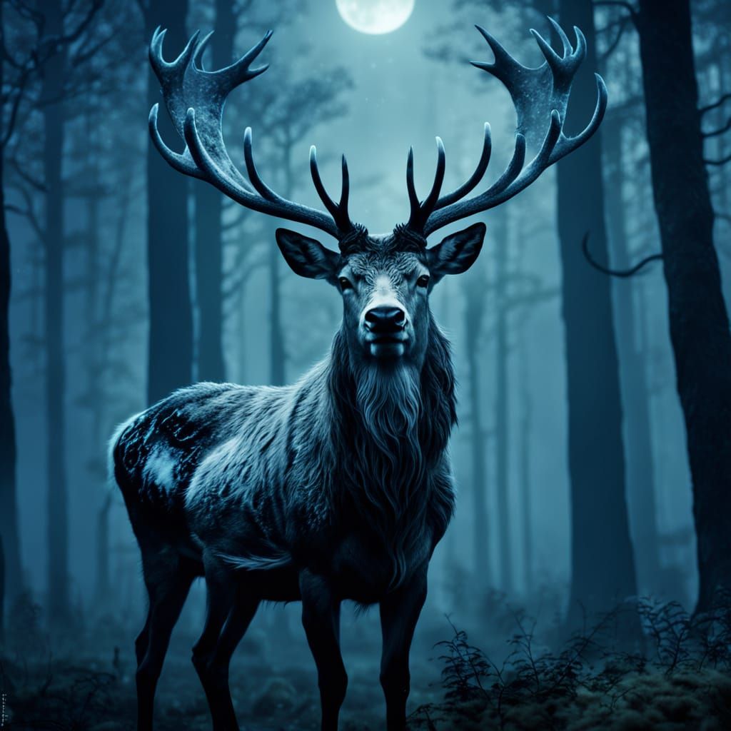 Ethereal Stag in Lunar Forest, Radiant with Glowing Runes