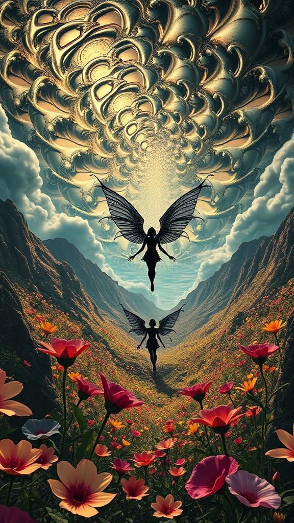 Surreal Landscape with Elastic Flora and Goth Fairy