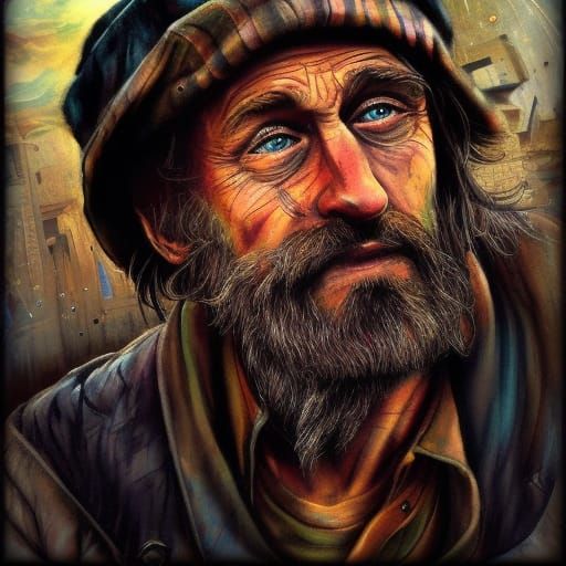 Hyperrealistic Hobo Portrait in Boxcar