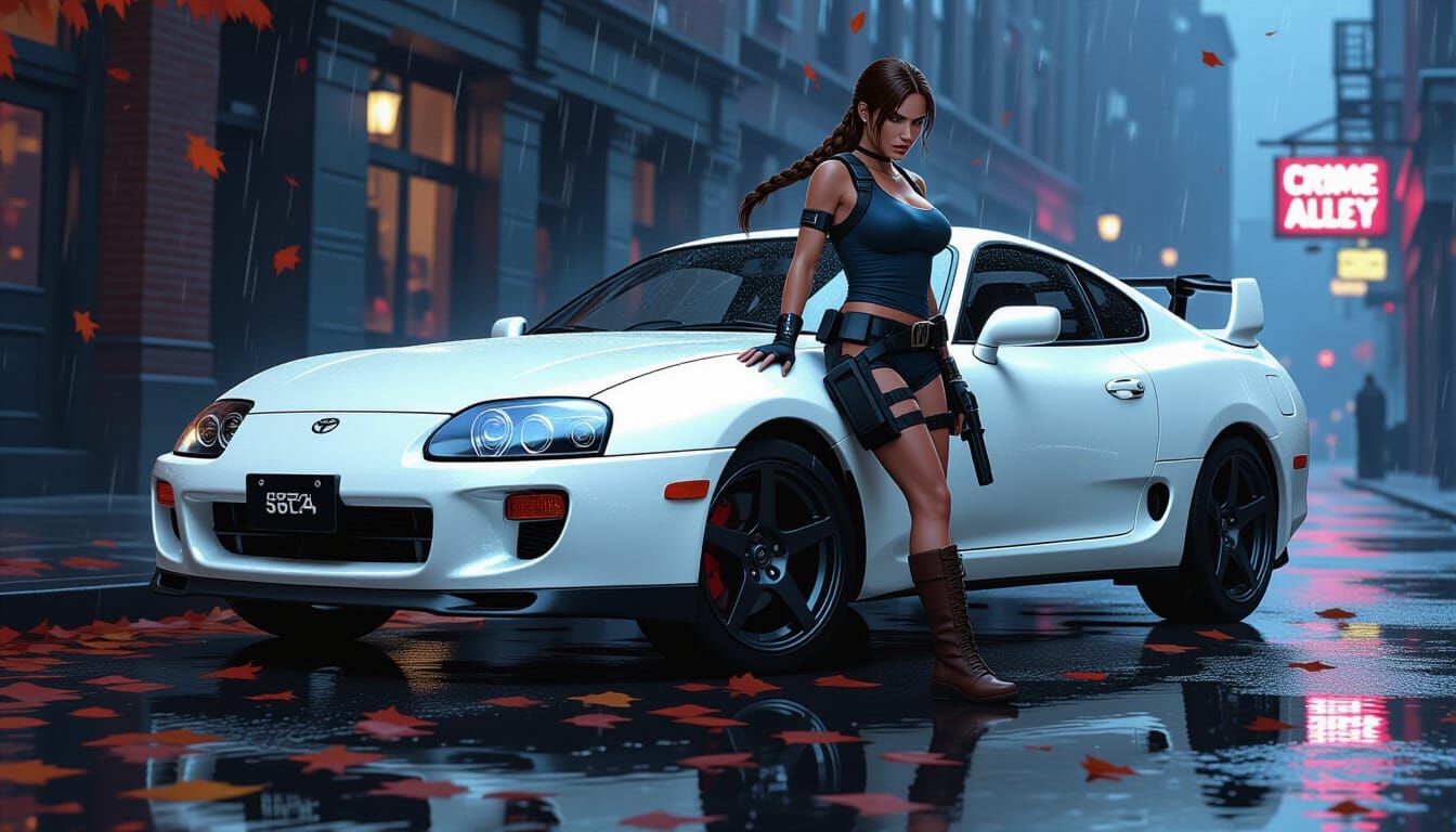 Lara Croft and Toyota Supra in Gotham
