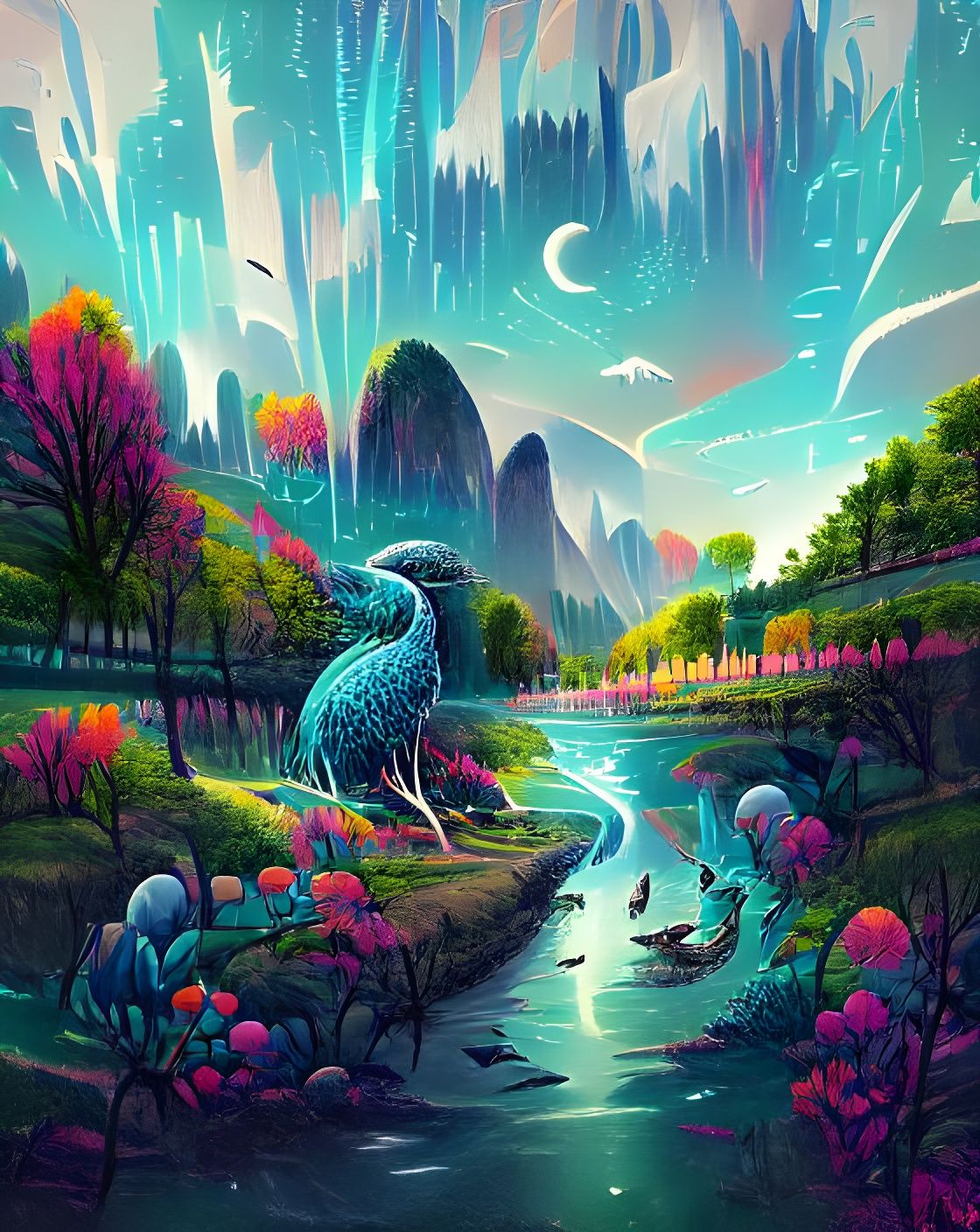Whimsical River Scene with Holographic Flowers