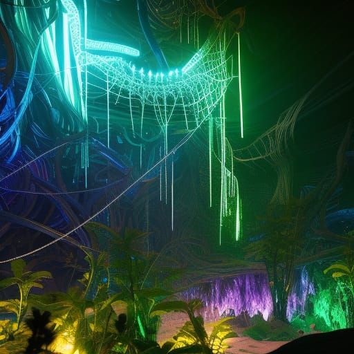 Biopunk Spider on Neon Web in Alien Cave