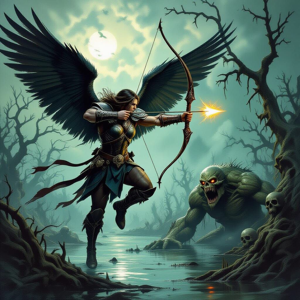 Winged Warrior Confronts Swamp Monster