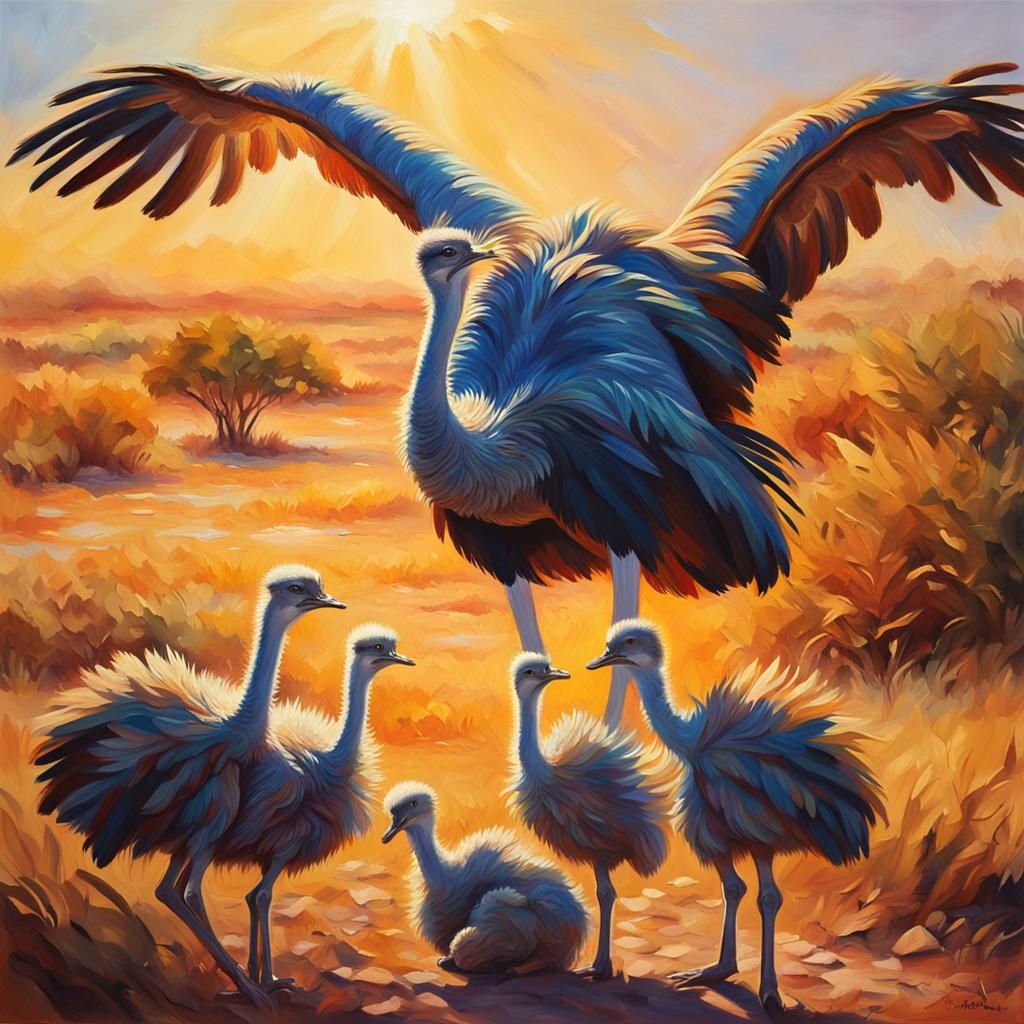 Ostrich Shades Chicks: Vibrant Oil Painting