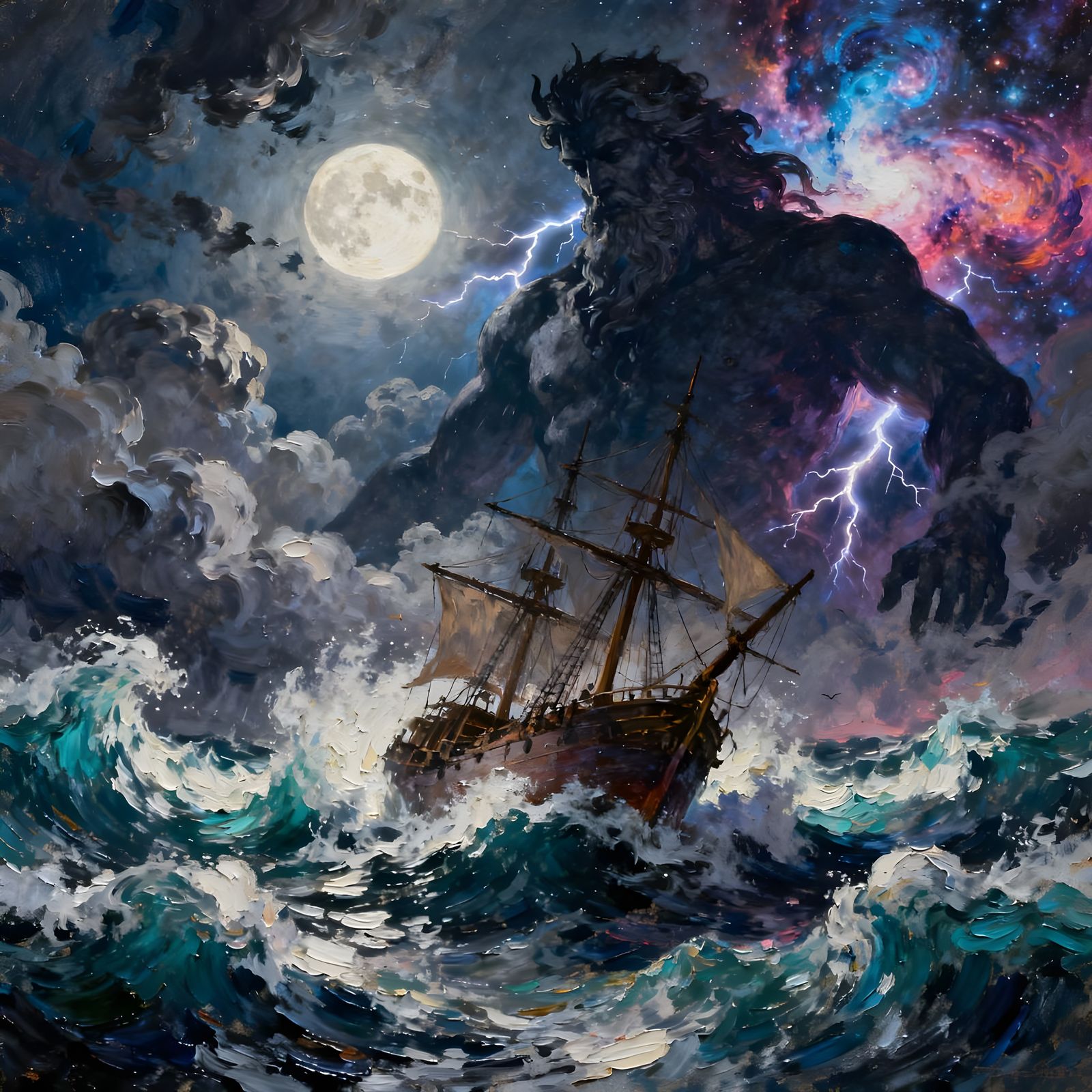 Poseidon's Fury Over Ship in Stormy Sea