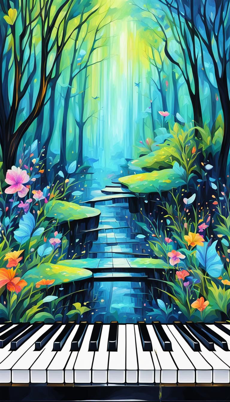 A piano keyboard abstract painting with fairytale Nature gen...