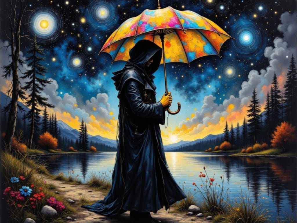 Mysterious Figure Under Starry Cosmic Umbrella in Dreamlike ...
