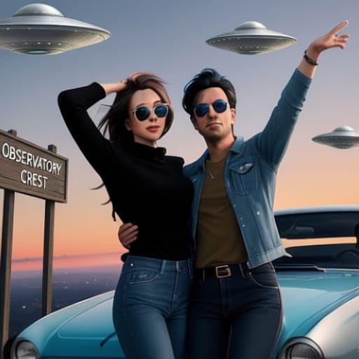 Couple Dancing at Sunset with UFO Overhead