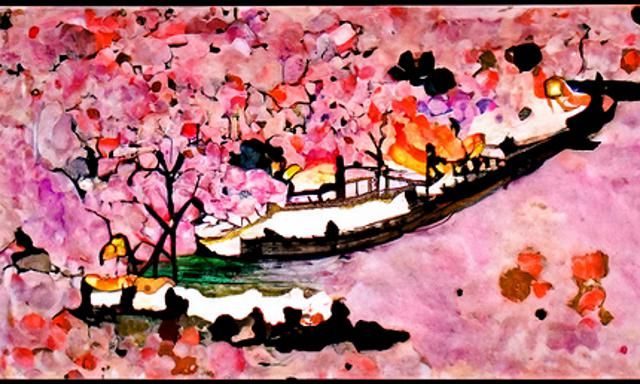 Kanda River Cherry Blossoms in Outsider Art Style