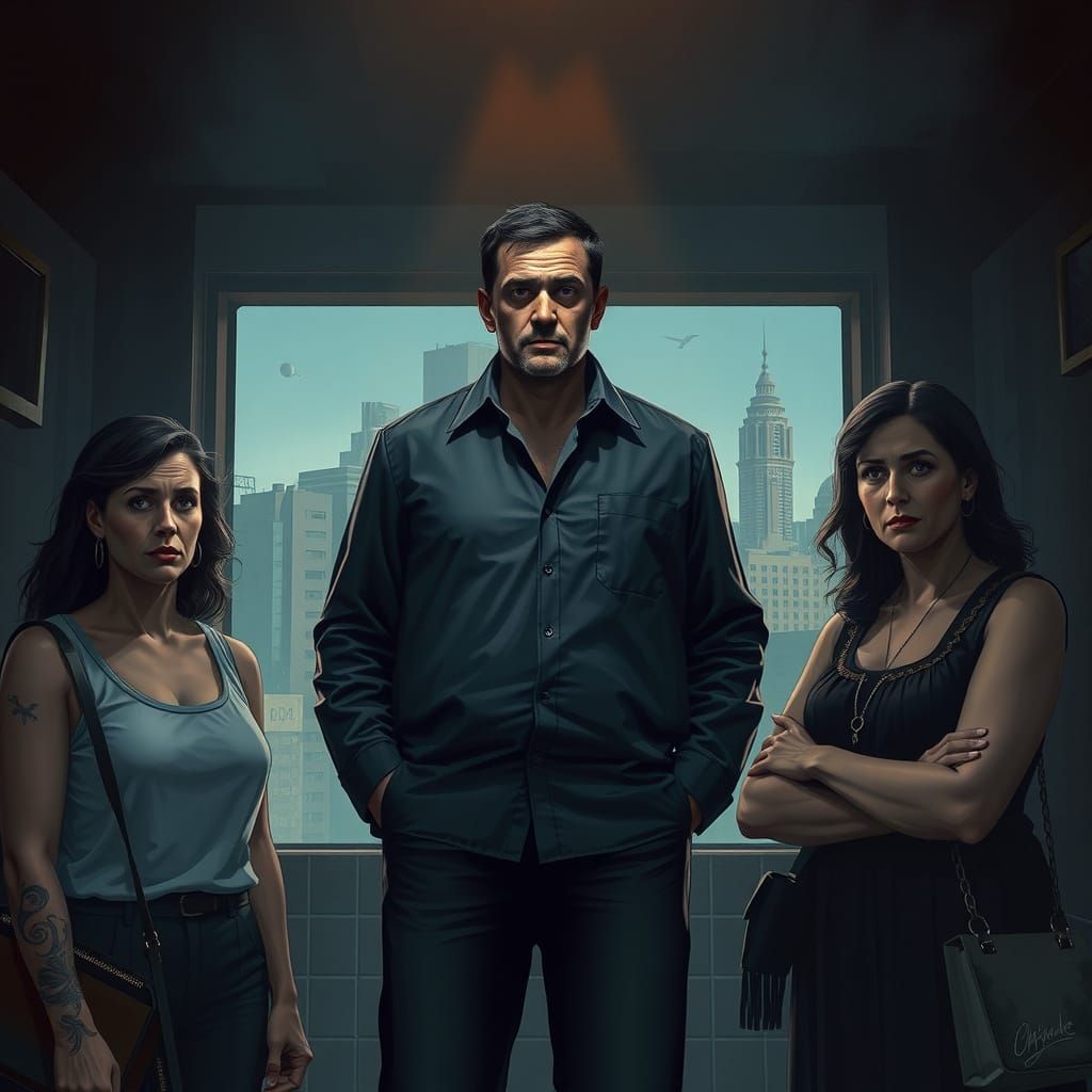 Mysterious Figure Surrounded by Concerned Women in a Citysca...