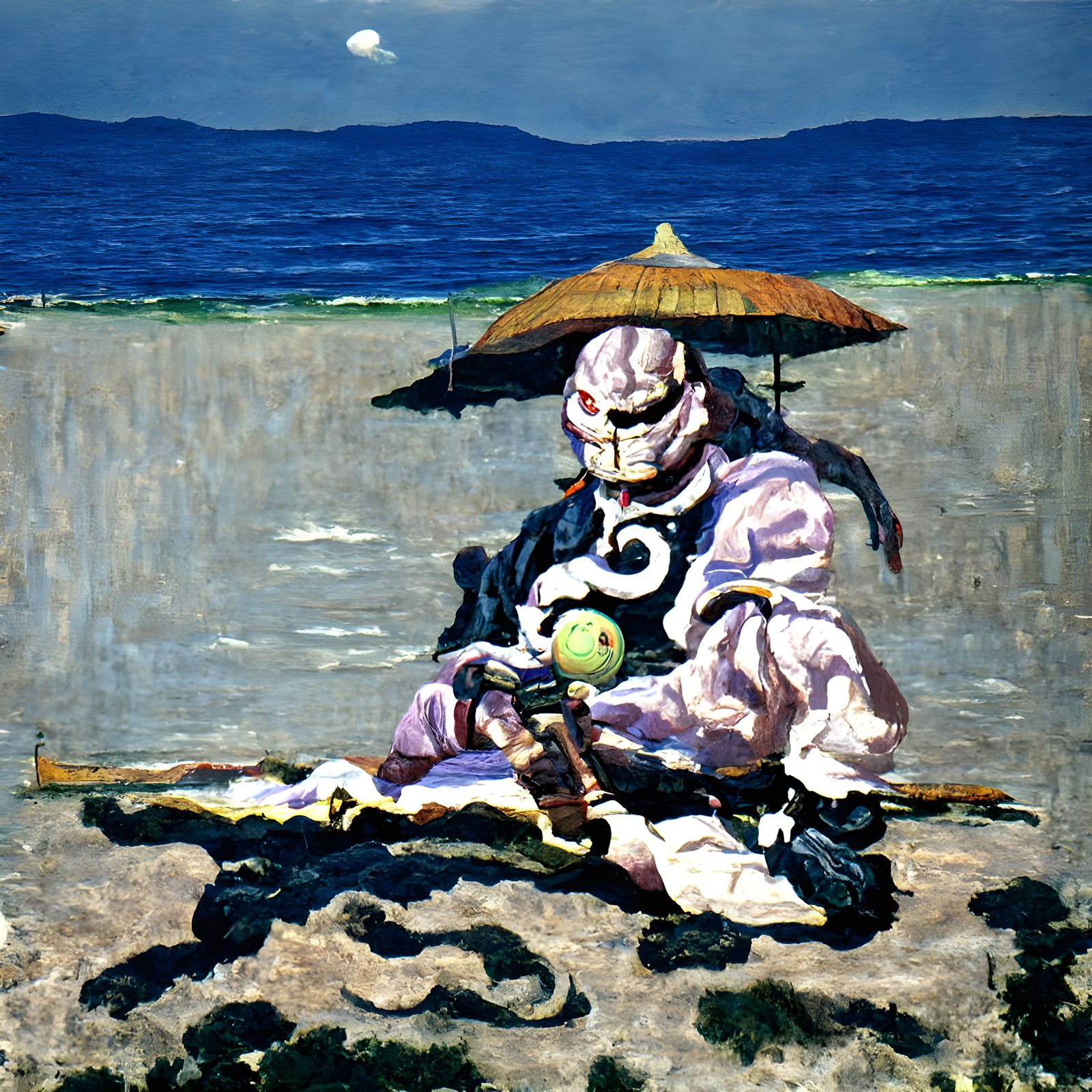 Yoshimitsu on Beach with Moon in Ukiyo-e Oil Painting