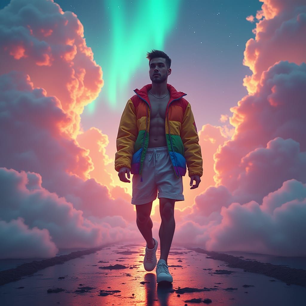 Prideful Stride in a Dreamlike Aurora Landscape