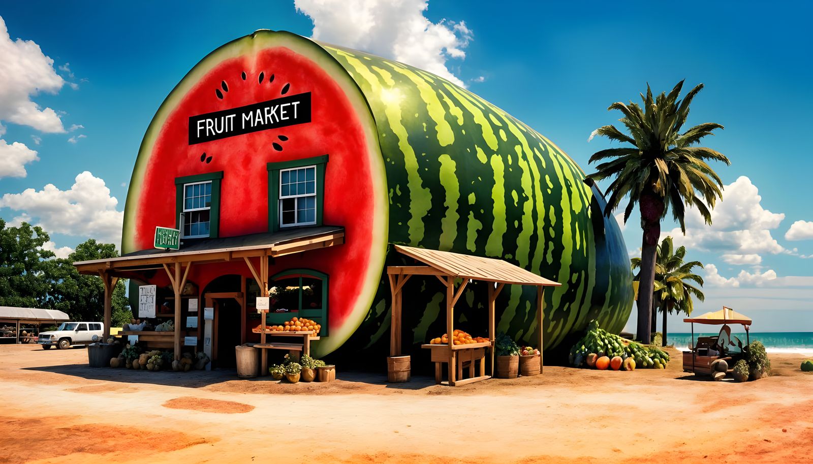 Whimsical Watermelon Farmhouse Fruit Market: Hyperrealistic ...
