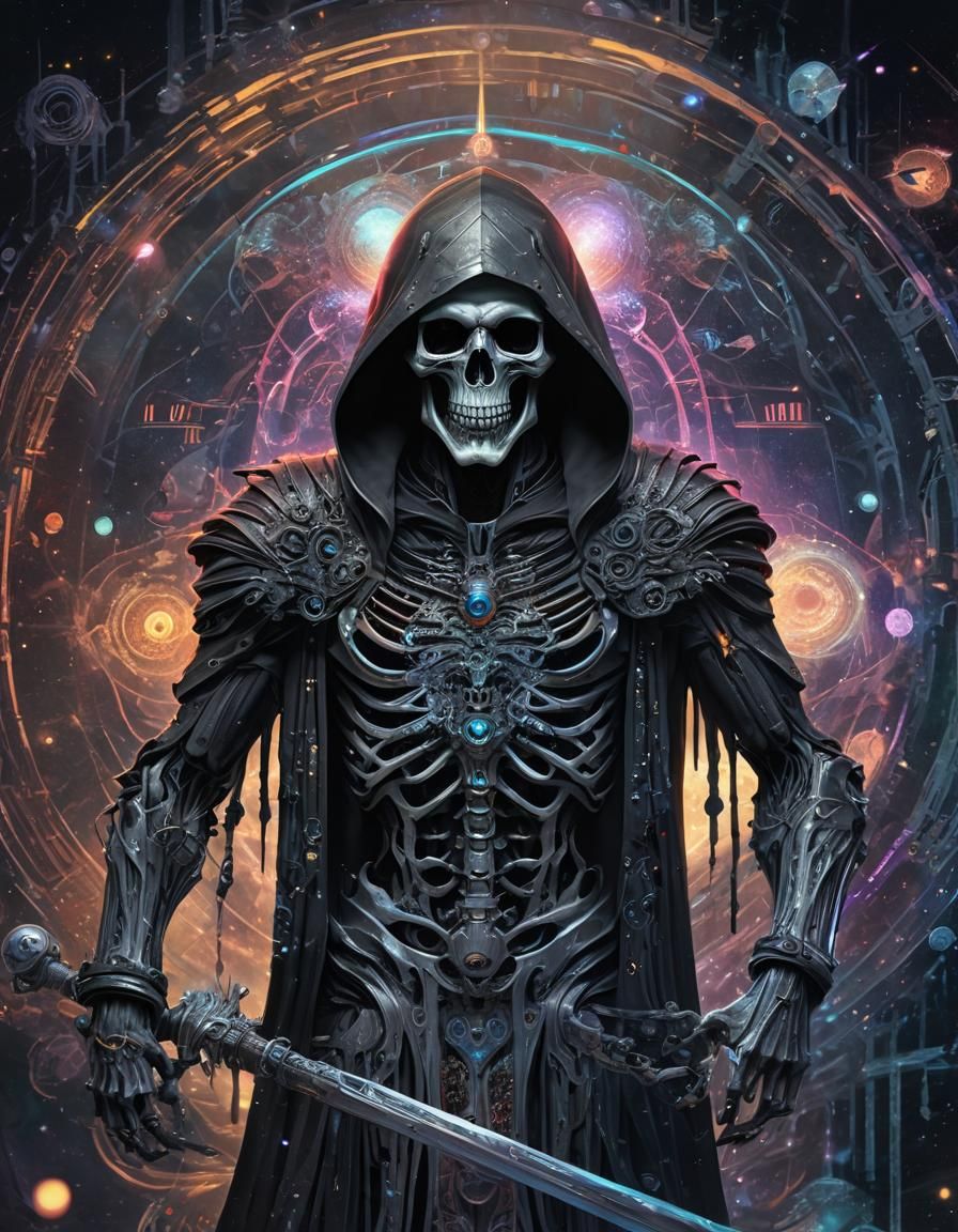 Cyborg Grim Reaper in Holographic Astral Illustration