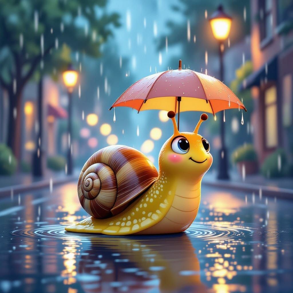 Cute Plush Snail Braves Downpour with Tiny Umbrella