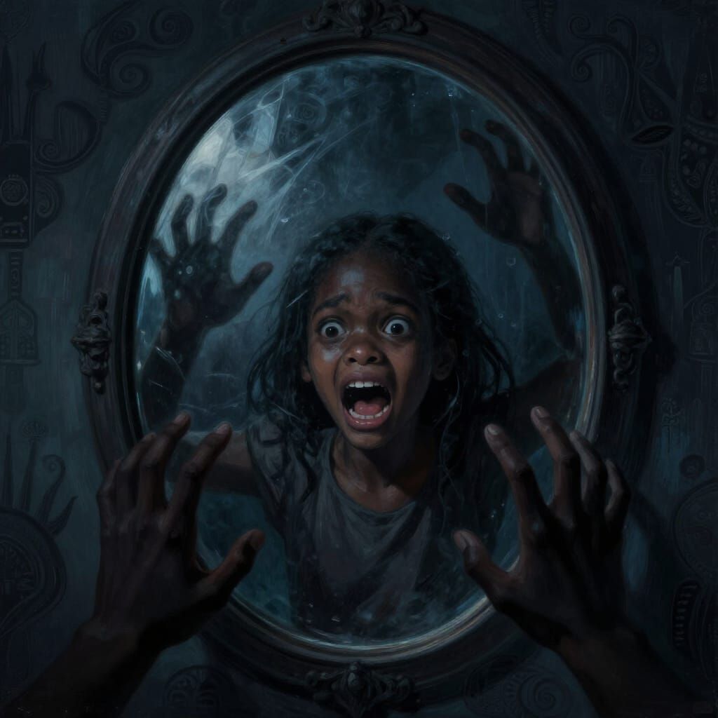 Terrified Girl Trapped in Darkening Mirror