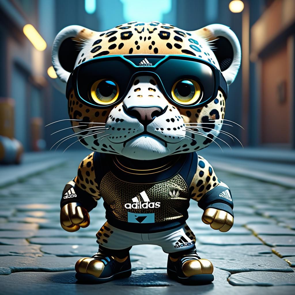 A small jaguar with big chibi eyes wearing anzung adidas amo...
